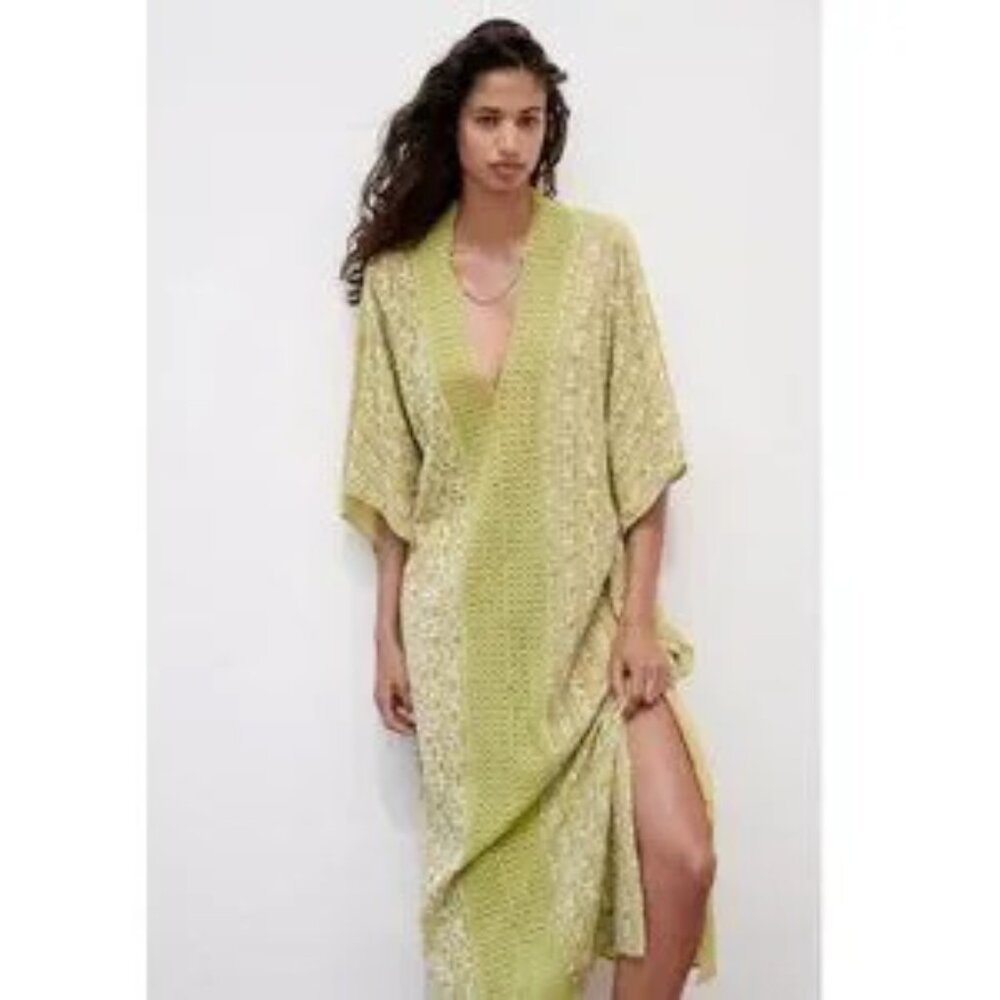 Zara Women's Embroidered 100% Cotton Tunic Maxi Dress Shisha Green Size S
